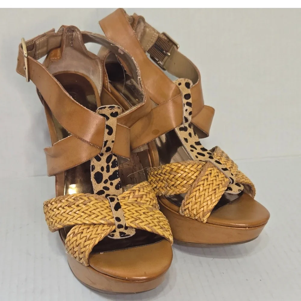 Carlos by Carlos Santana Carley Tan Leopard Cork 5in Wedge Sandals 7M